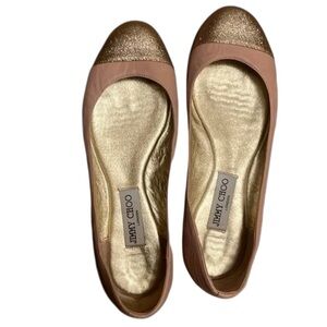 Jimmy Choo Leather Ballet Pink Flats Gold Cap Accents Sz 8.5 Ballet core